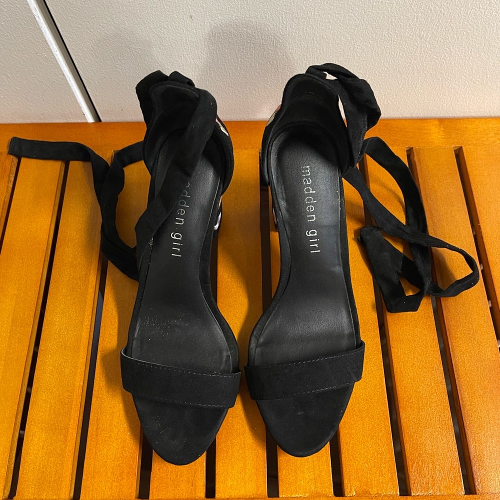 Madden Girl Black Embroidered Block Heel Sandals